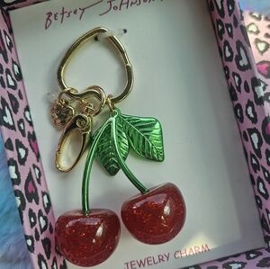 BETSEY JOHNSON Red Glitter Cherry Keychain or Bag Charm with Gold Heart NIB